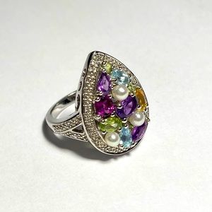 Multi-Gemstone Teardrop-Shaped Silver Statement Ring